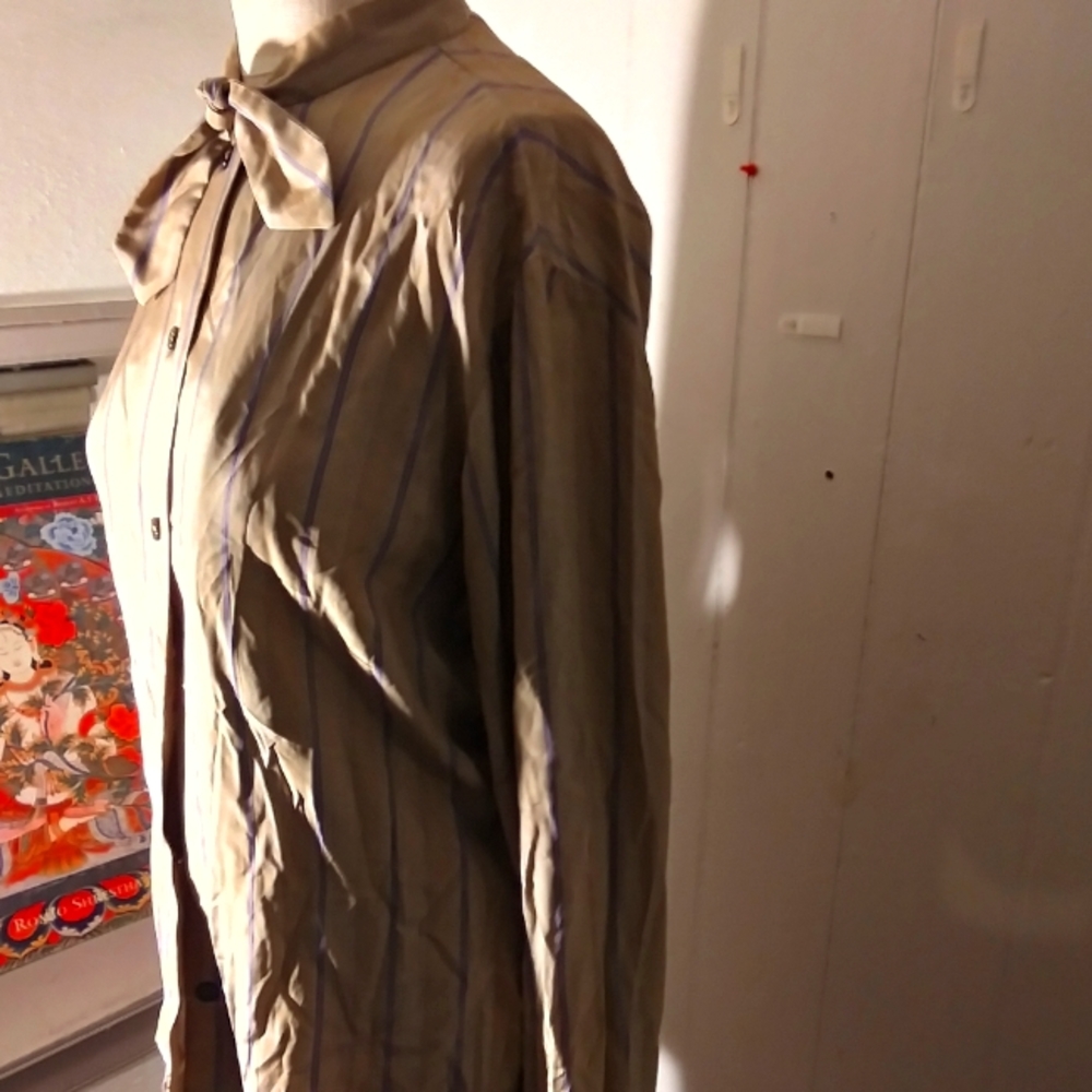 Authentic Vintage 80s 100% silk stripped secretary blouse in coffee and navy